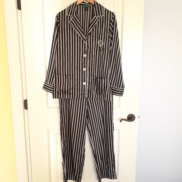 LRL Striped Satin Long Sleeve/Long Pant Pajama Set Black White Stripe Size M - Picture 1 of 15